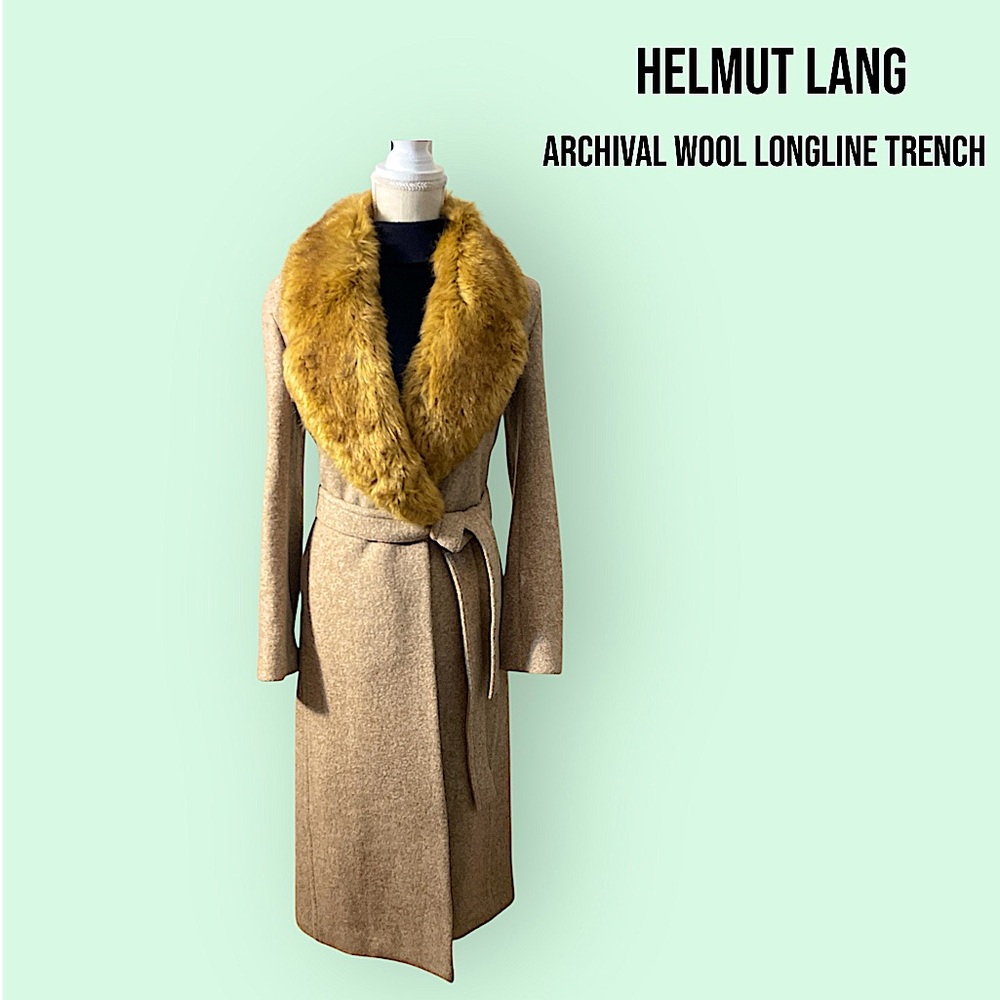 Helmut Lang Tan Trench Coat with Gold Fur Collar